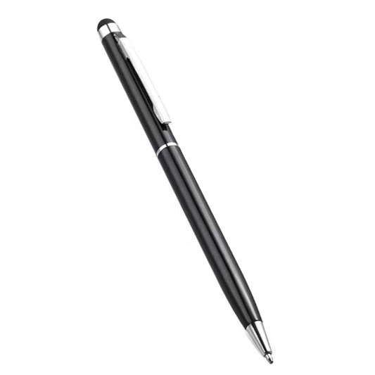Black MicroWorld 2-in-1 stylus and ballpoint pen for mobile phones, 0.7mm tip, with metal clip.
