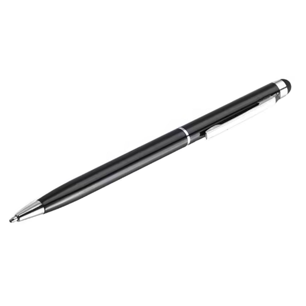 MicroWorld 2-in-1 stylus and ballpoint pen for mobile devices, black with silver clip, 0.7mm tip.