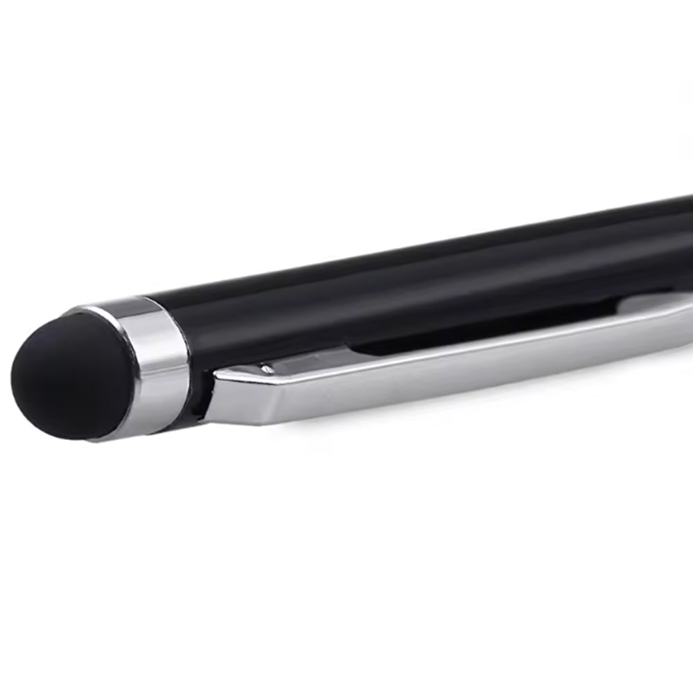 Black 0.7mm 2-in-1 stylus and ballpoint pen for mobile, with rubber capacitive tip and metal clip.