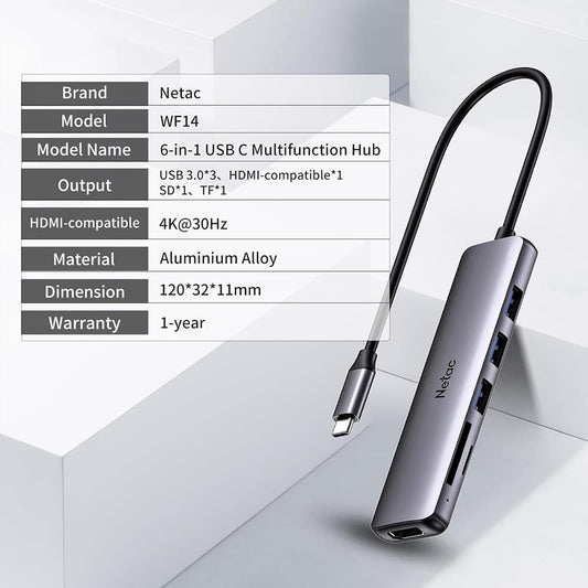 Netac 6-in-1 USB-C Hub with HDMI, USB 3.0 & Card Slots