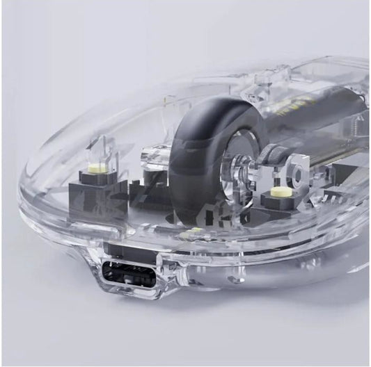 Close-up view of a transparent mouse highlighting the scroll wheel mechanism and the Type-C charging port.