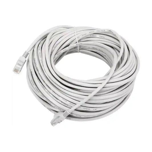 Coiled white Ethernet cable on a white background