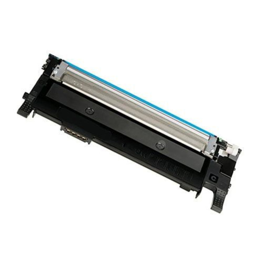 A black toner cartridge with a silver drum roller and a bright cyan blue strip, shown diagonally on a plain white background.