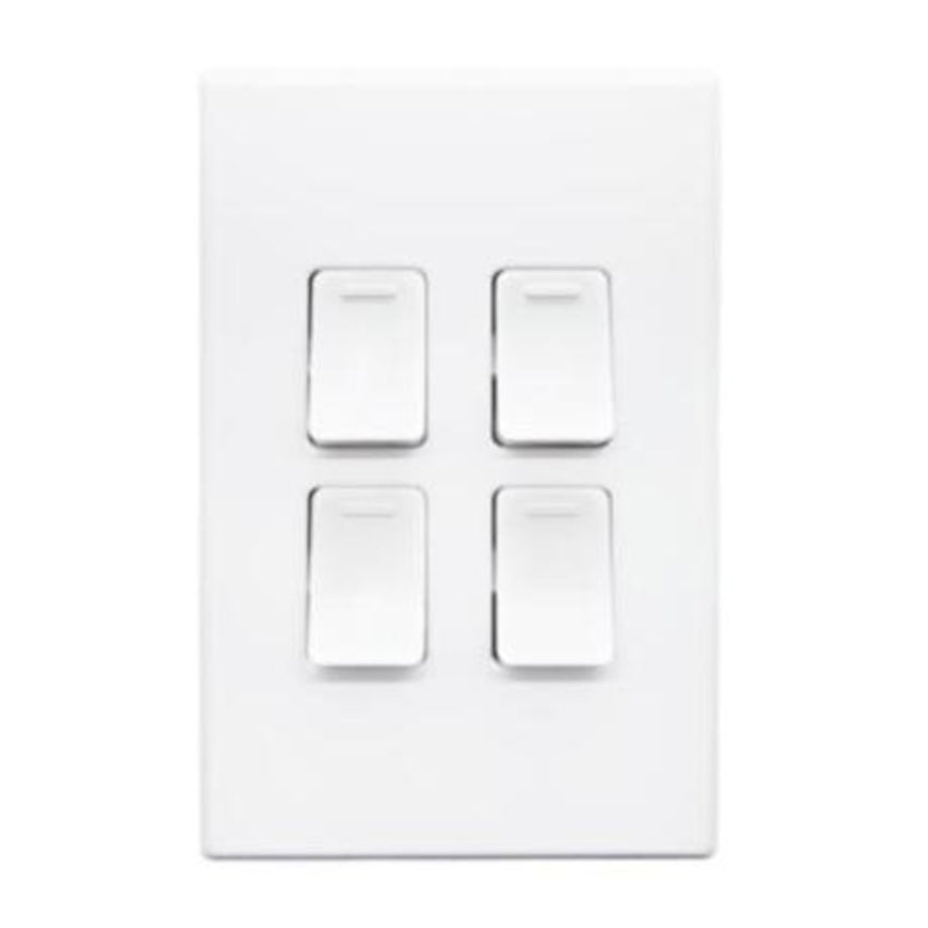 Four rectangular light switches on a white wall plate