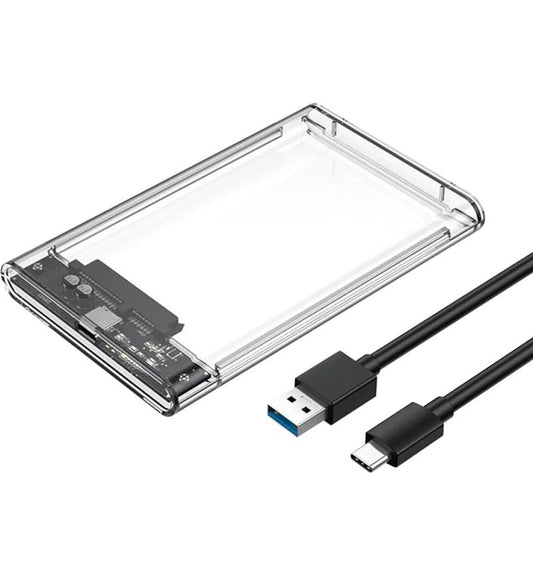 Portable 2.5" transparent SATA enclosure with USB-C, 5Gbps transfer, LED indicators, and tool-free install. Ideal for HDDs, SSDs, backups, and storage expansion.