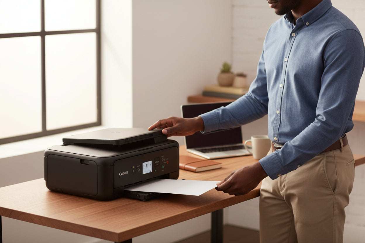 Context image of the printer in a home office or family room setting.