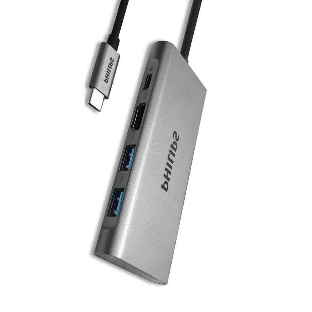 Philips USB-C 4-port hub with 4K HDMI output and two USB 3.0 ports in aluminum (DLK5514C/94).