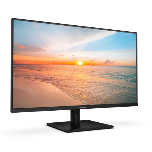 Angled left view of the Philips 32" FHD monitor displaying a beach sunset scene on a white background