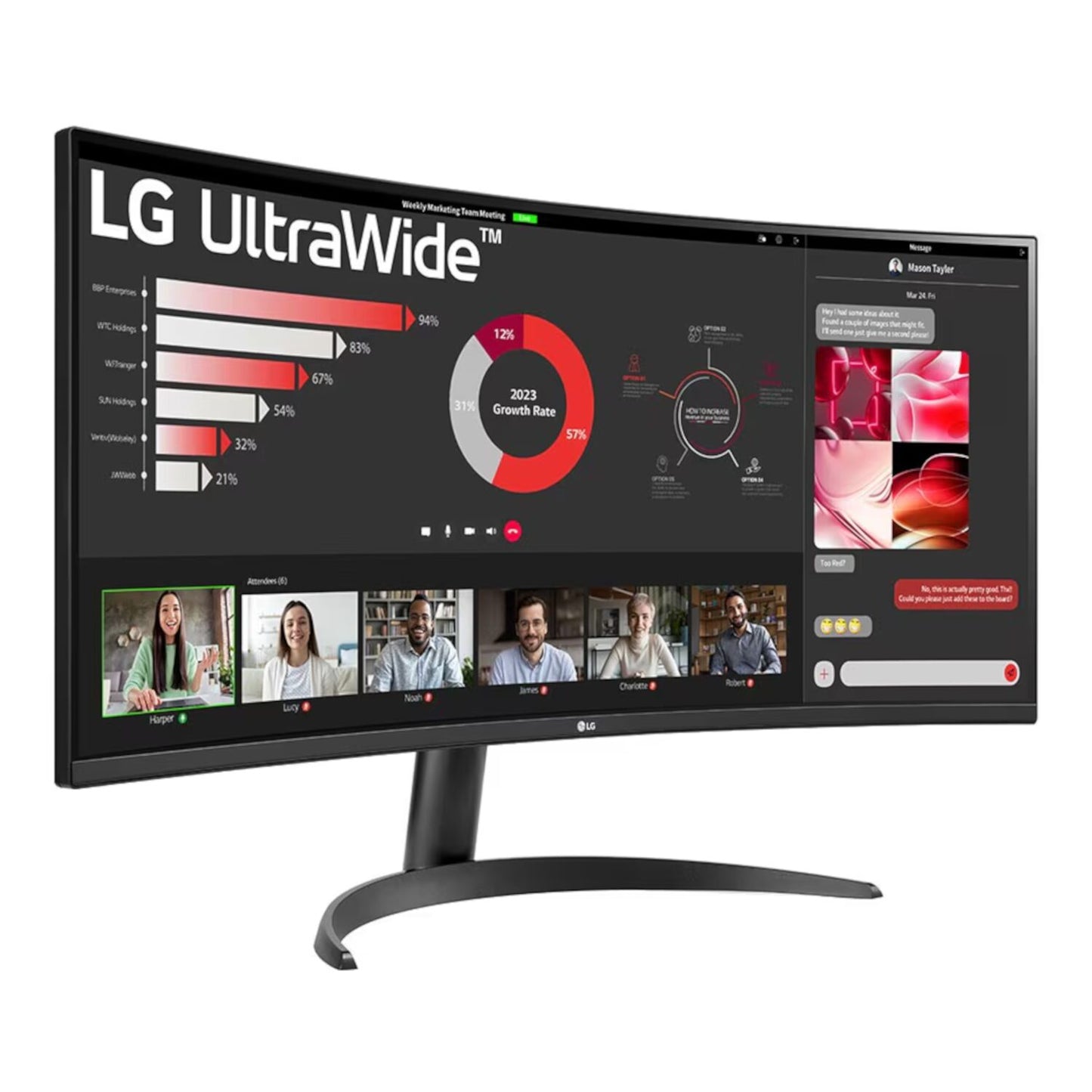 LG UltraWide 34'' QHD VA Curved Monitor 100Hz; 3440x1440 VA; Screen Split Software (Download); HDMI; Display Port; Tilt