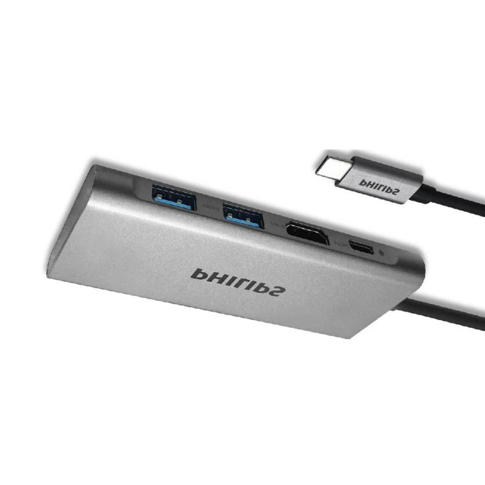 Philips DLK5514C/94 USB-C 4-port hub in aluminum housing with 4K HDMI and two USB 3.0 ports.