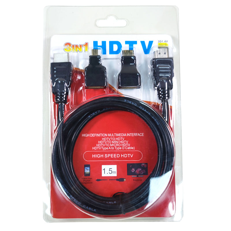 Packaged 3-in-1 HDTV cable set with connectors on a white background