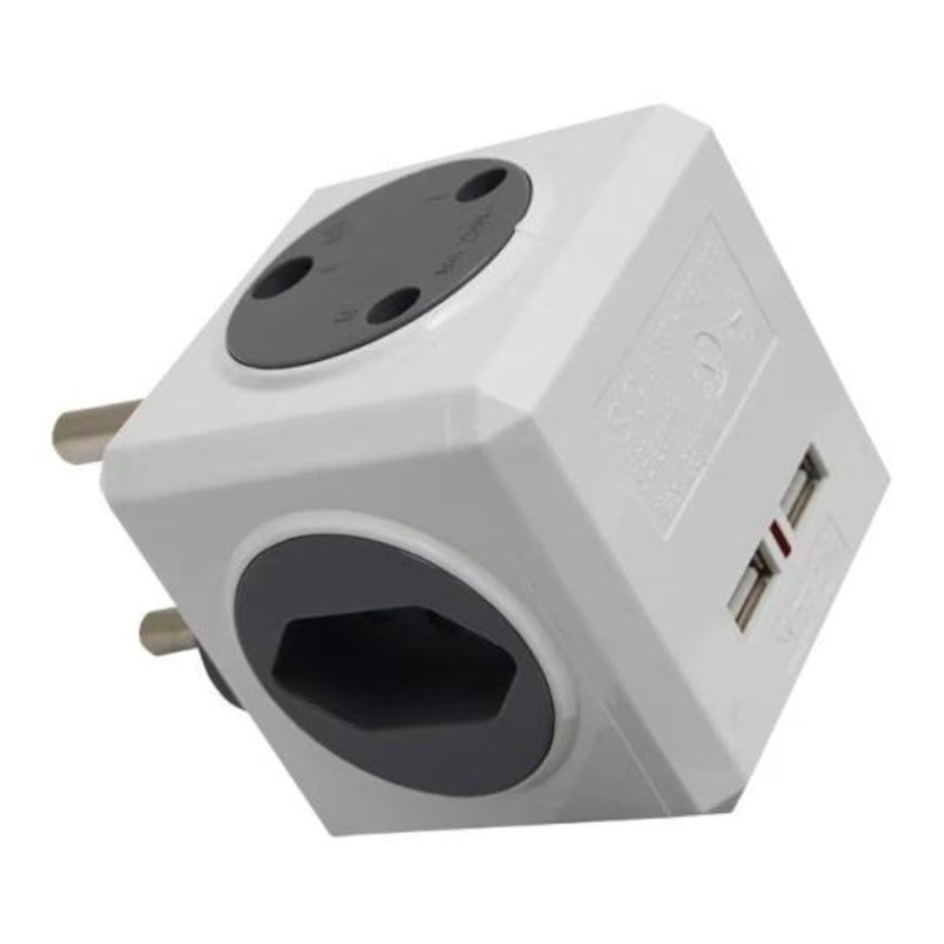 White electrical plug adapter with two sockets and two USB ports on a white background