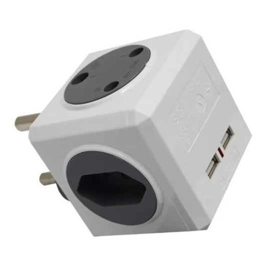 White electrical plug adapter with two sockets and two USB ports on a white background