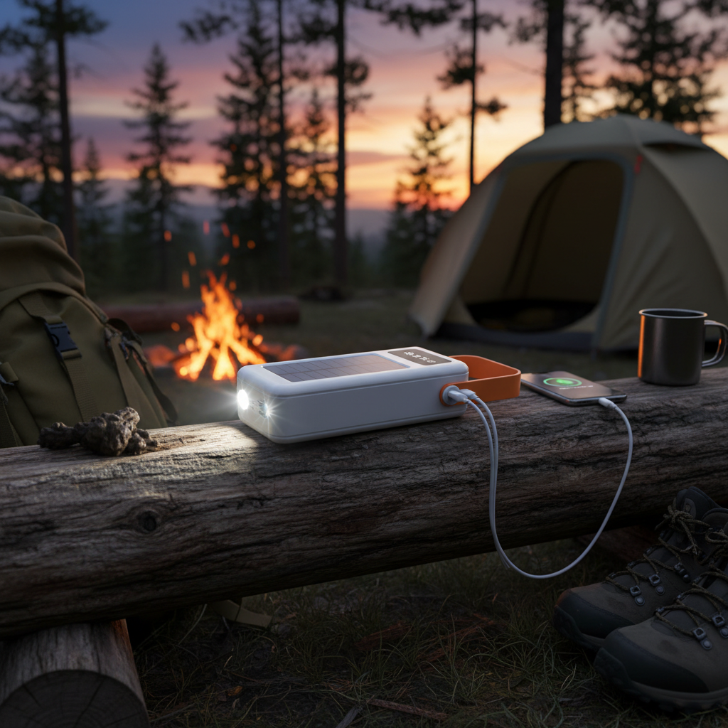 Solar-powered device with a power bank and USB ports on a white background