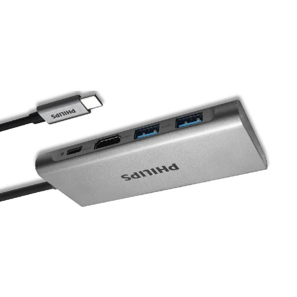 Philips DLK5514C/94 aluminum USB-C 4-port hub with 4K HDMI and two USB 3.0 ports.