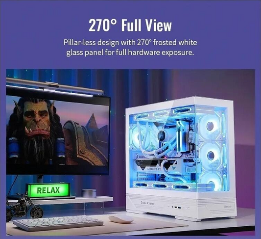 Side profile showing the full tempered glass panel and white finish.