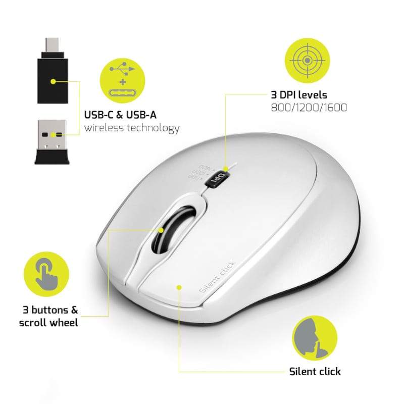 Port Wireless Silent 3600DPI 3 Button USB and Type-C Dongle Mouse - White