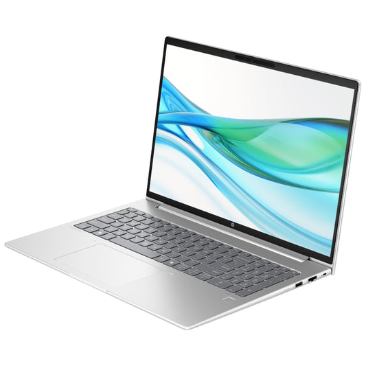 Silver laptop with a colorful display on a white background