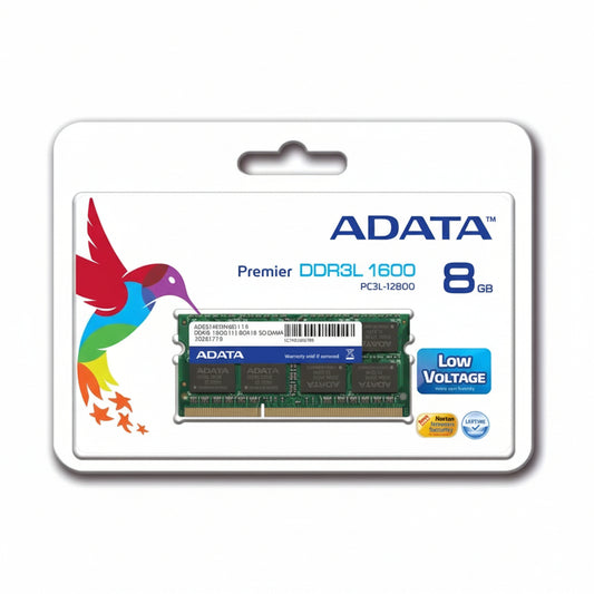 Front view of the green ADATA Premier 8GB DDR3L SO-DIMM laptop memory module.