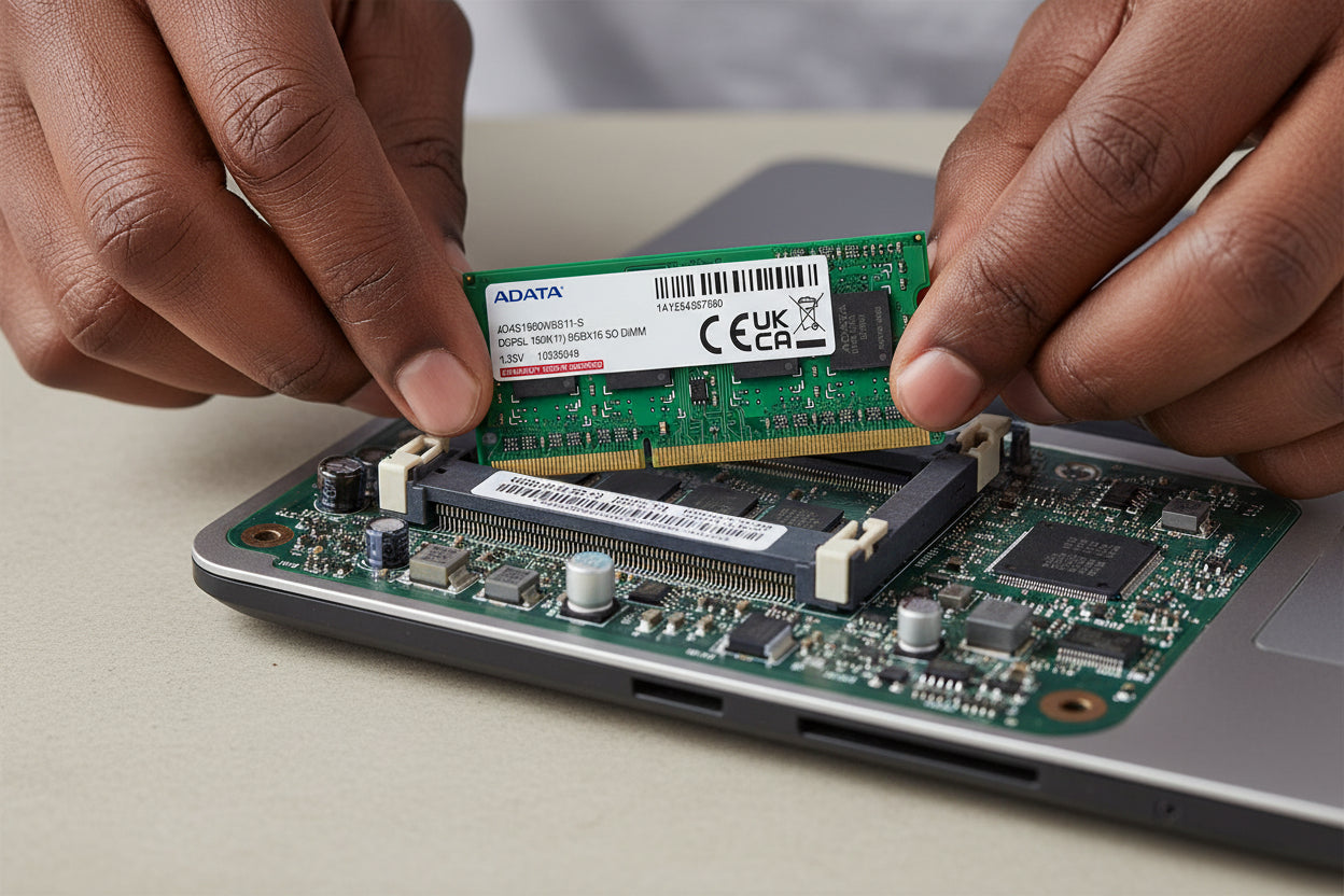 Context image of the memory module installed in a laptop motherboard.