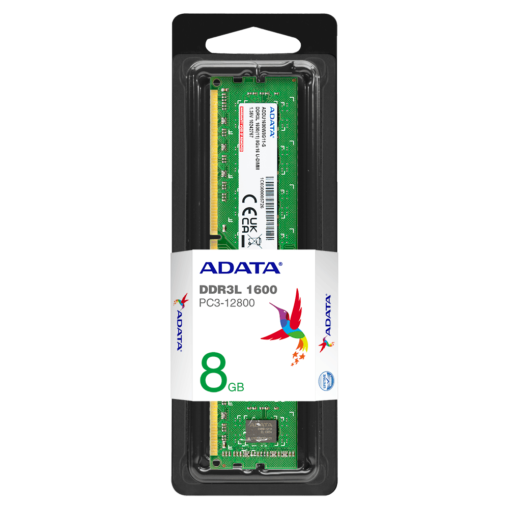 ADATA DDR3L 1600 memory module packaging on a clear background