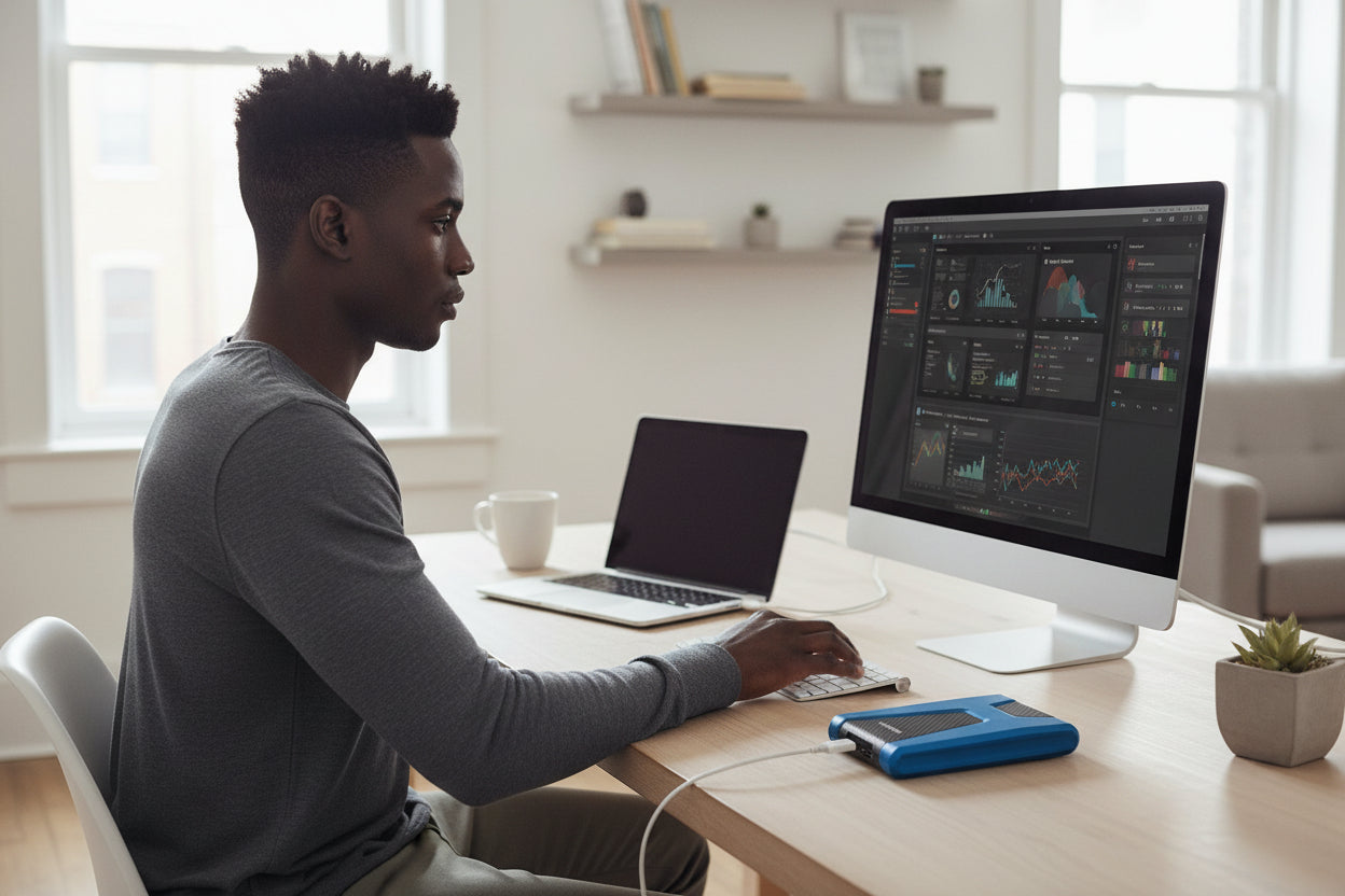 Rear view illustrating the USB 3.2 Gen 1 Type-B connector with port cover.
