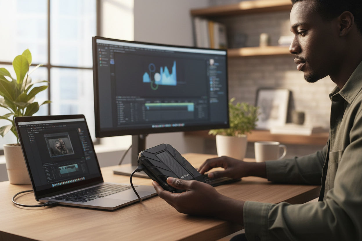 Close-up of the blue LED indicator shining through the silicone enclosure.