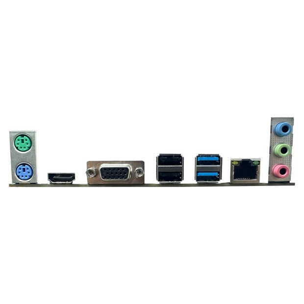 Rear I/O panel of the Arktek AK-H110M EG motherboard showing dual PS/2 ports for keyboard and mouse, HDMI and VGA video outputs, two USB 2.0 ports, two USB 3.0 ports, Ethernet LAN port, and three 3.5mm audio jacks for line-in, line-out, and microphone.