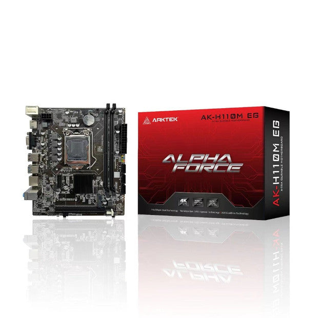 Arktek AK-H110M EG motherboard displayed next to its red and black retail packaging labeled “Alpha Force.” The motherboard features an LGA1151 CPU socket, dual DDR4 slots, PCIe x16 slot, and multiple I/O ports including HDMI, VGA, USB, LAN, and audio jacks