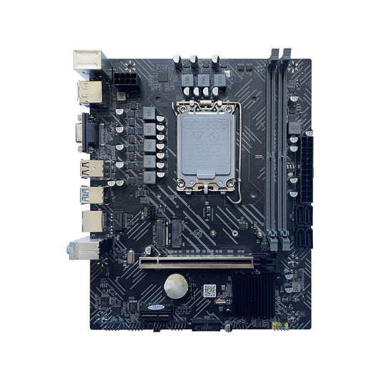 Top-down view of the Arktek AK-H610M EG Micro-ATX motherboard showing the LGA1700 CPU socket, dual DDR4 memory slots, PCIe x16 slot, M.2 connector, and rear I/O ports.