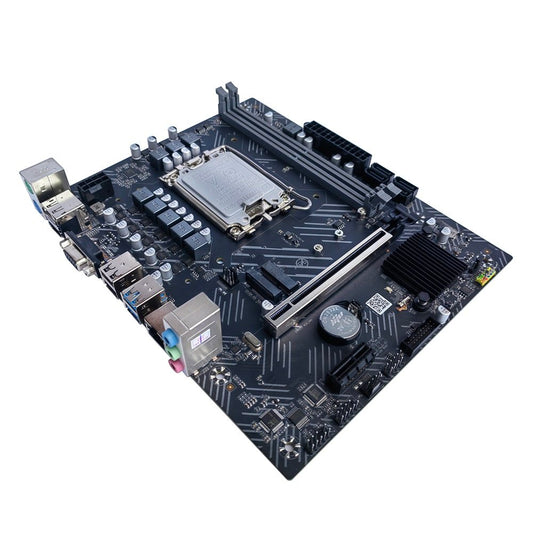 Angled view of the Arktek AK-H610M EG Micro-ATX motherboard showing the LGA1700 CPU socket, dual DDR4 DIMM slots, PCIe x16 slot, M.2 connector, heatsink, and rear I/O ports.