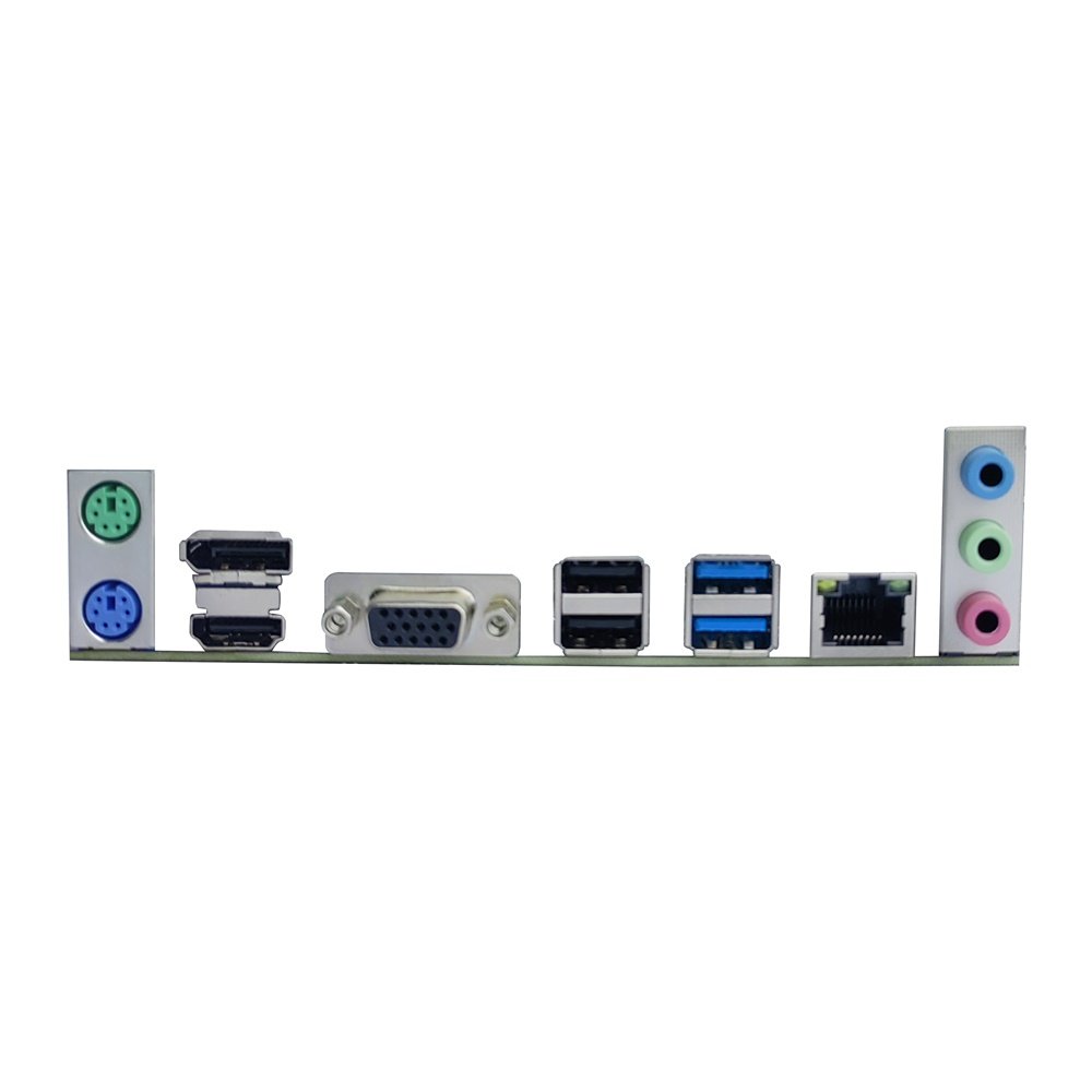 Rear I/O panel of the Arktek AK-H610M EG motherboard showing dual PS/2 ports, HDMI and DisplayPort outputs, VGA connector, two USB 2.0 ports, two USB 3.0 ports, Ethernet LAN port, and three 3.5mm audio jacks.