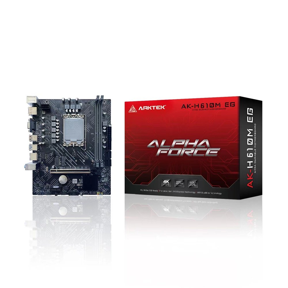 Arktek AK-H610M EG motherboard displayed next to its red and black retail box labeled “Alpha Force.” The motherboard features an LGA1700 CPU socket, dual DDR4 slots, PCIe x16 slot, and multiple rear I/O ports.