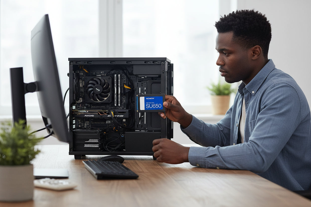 Image showing the drive's compact dimensions next to a credit card for scale.