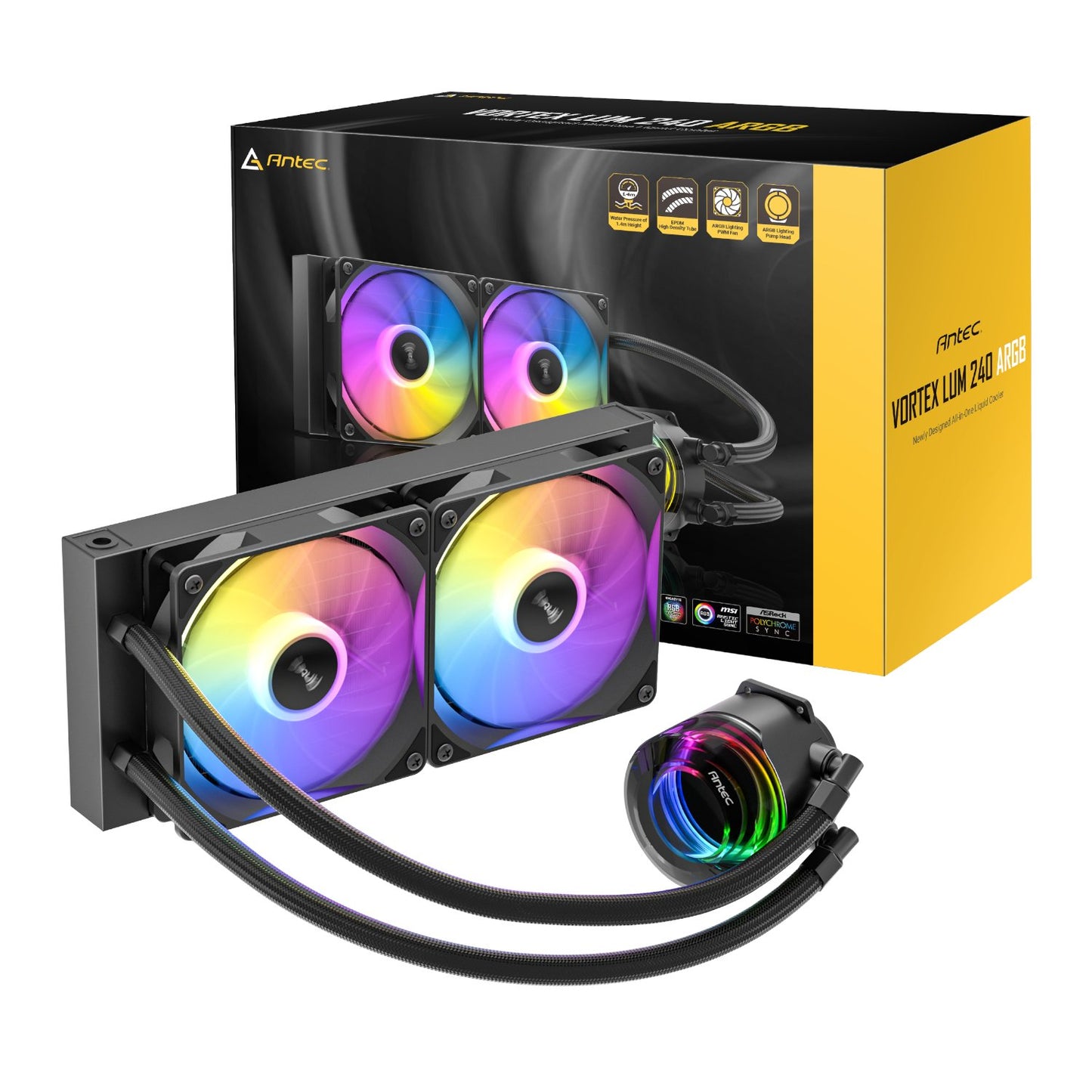 Anice computer cooling system with RGB lighting and packaging on a white background