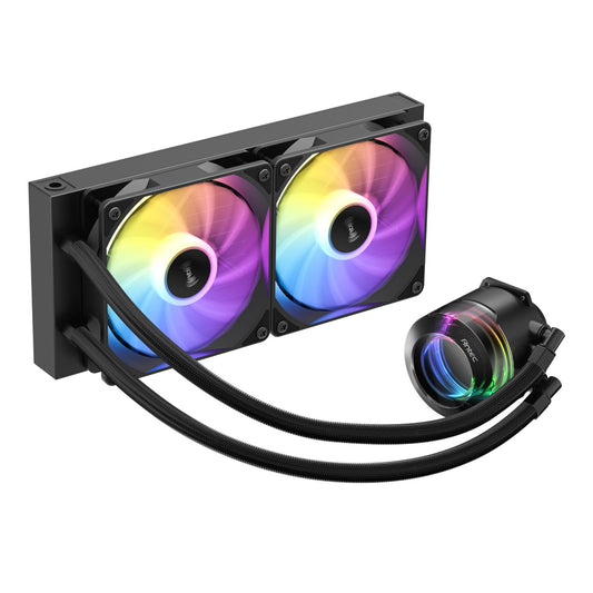 Computer cooling system with dual RGB fans on a white background