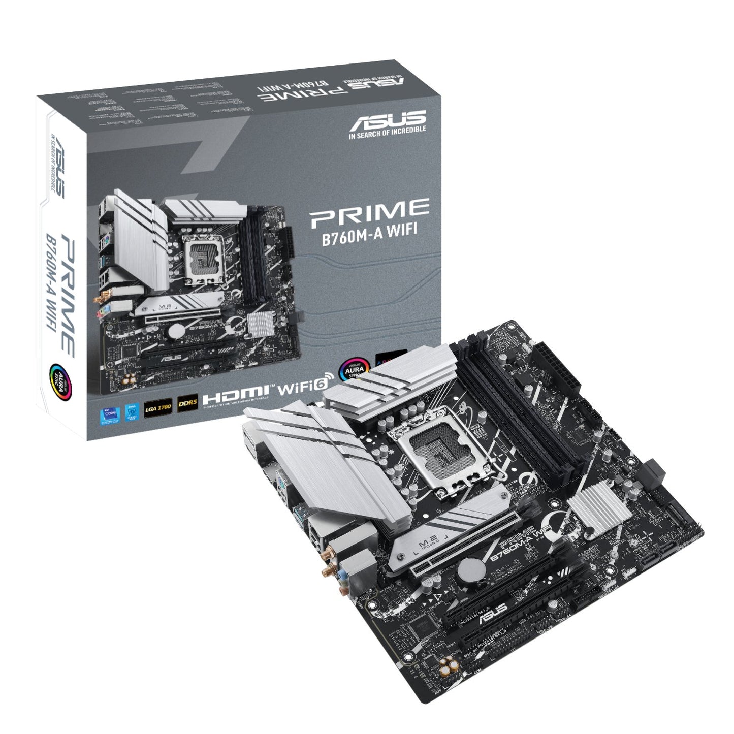 ASUS Prime B760M-A WIFI motherboard with packaging on a white background