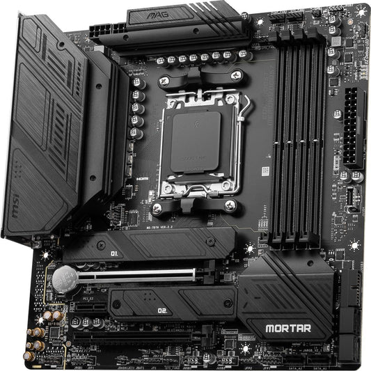 Close-up of the AM5 socket and extended VRM heatsink design.