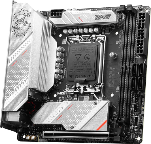 Close-up of the LGA 1700 socket and compact VRM heatsink design.