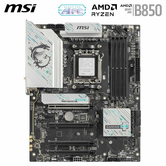 Close-up of the AM5 socket and extended VRM heatsink with 12-phase power design.