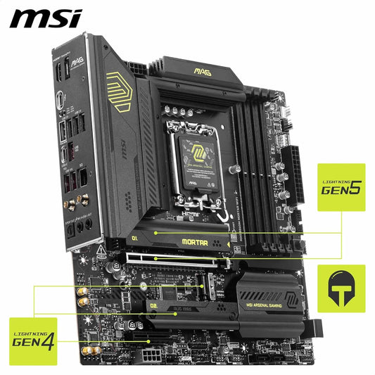 Close-up of the LGA 1851 socket and extended VRM heatsink with MORTAR branding.