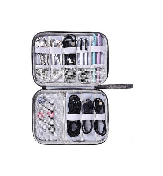 Open electronic organizer bag displaying neatly arranged cables, USB drives, chargers, and pens inside elastic mesh compartments for travel use.