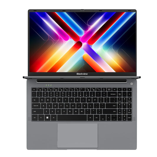 Blackview AceBook 6 15.6-inch laptop, top-down view, Intel N150, 16GB RAM, 256GB SSD, Windows 11, colorful display.