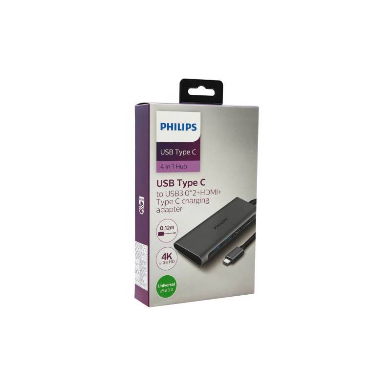Retail packaging of the Philips 4-in-1 USB Type-C Hub showing product image and key features, including two USB 3.0 ports, HDMI, and Type-C charging