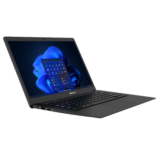 Black Mecer laptop with a blue screen on a white background