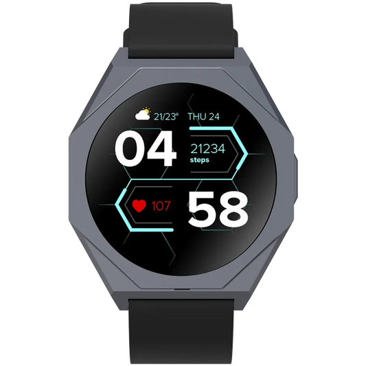 Smartwatch with a black strap on a white background