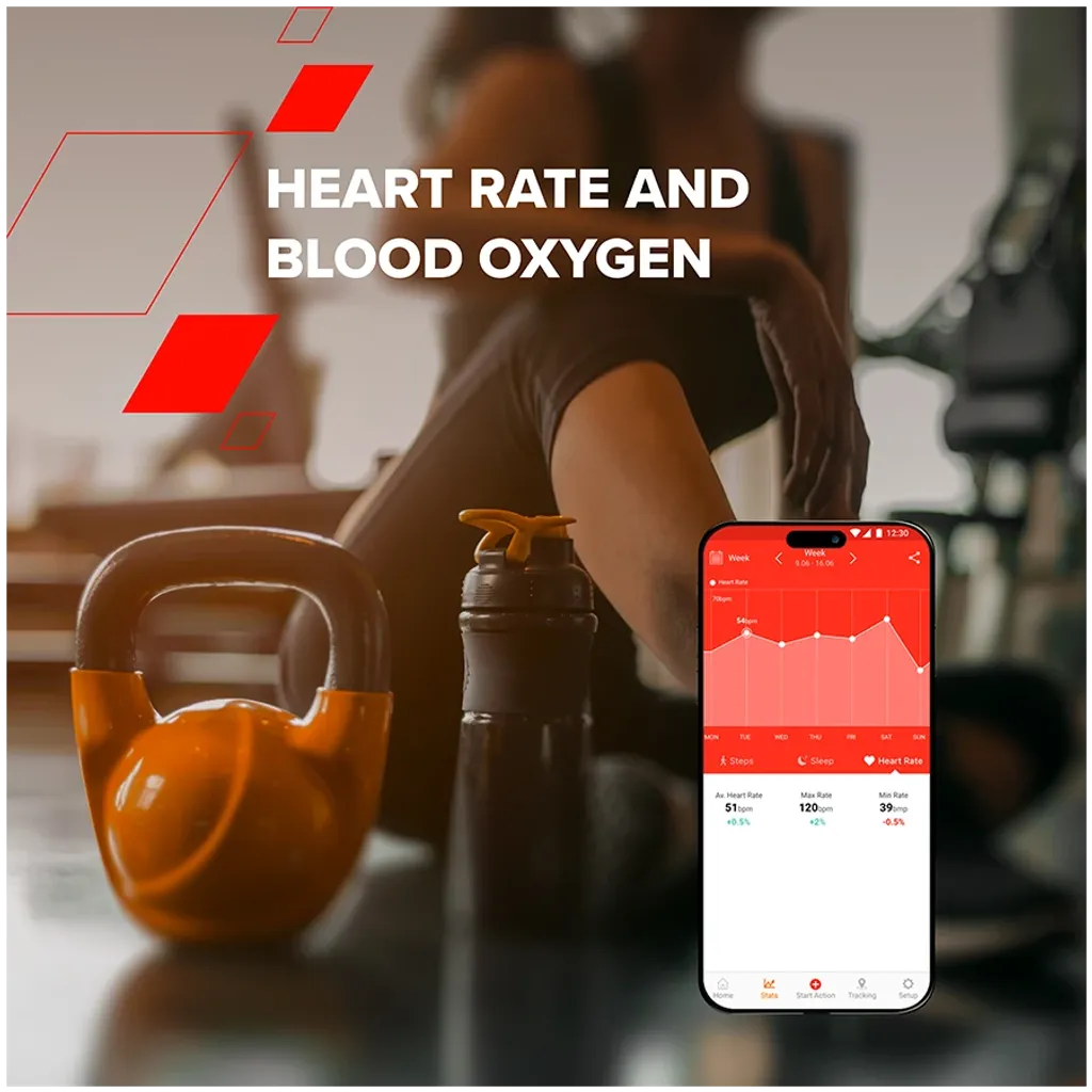 Person exercising with a kettlebell and water bottle, smartphone displaying heart rate and blood oxygen app on blurred background.