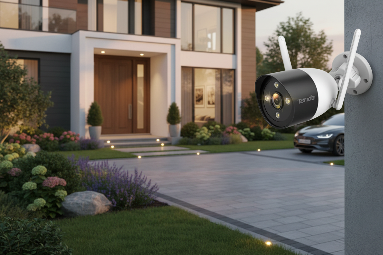 Context image of the camera installed outdoors monitoring a yard or entrance.