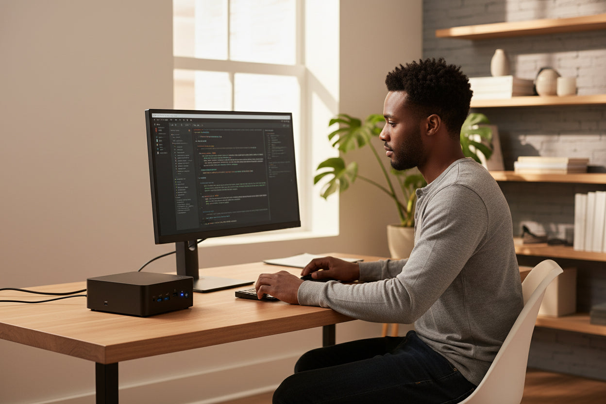 MSI Cubi 5 1M connected to peripherals in a workspace setup.