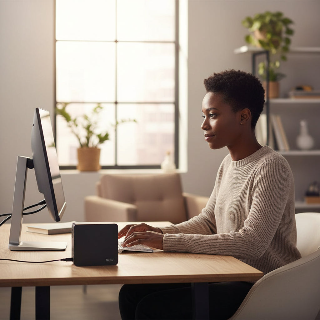 Side profile view of the compact MSI Cubi 5 1M desktop computer.